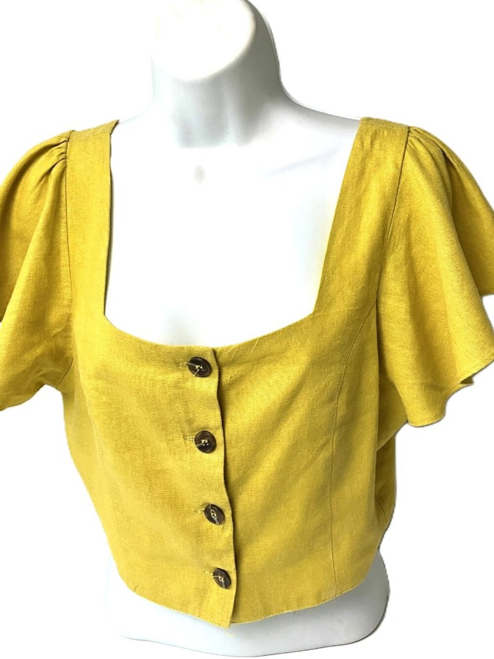 Blashe Yellow Linen Blend Flutter Sleeve Crop Top Size L